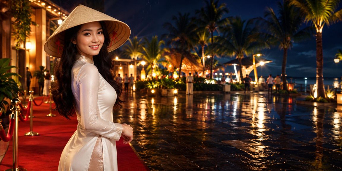 Cảnh hoàng hôn thanh bình tại Phú Quốc với hình ảnh nón lá truyền thống